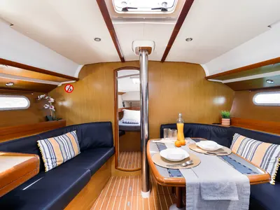 Salon of Imagine, a Jeanneau Sun Odyssey 42 i sailboat at Kos, Greece