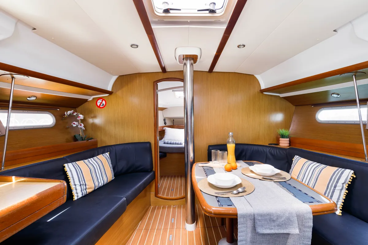 Salon of Imagine, a Jeanneau Sun Odyssey 42 i sailboat at Kos, Greece