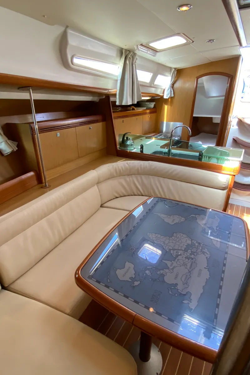 Salon of Imagine, a Jeanneau Sun Odyssey 42 i sailboat at Kos, Greece