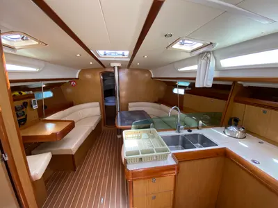 Galley of Imagine, a Jeanneau Sun Odyssey 42 i sailboat at Kos, Greece
