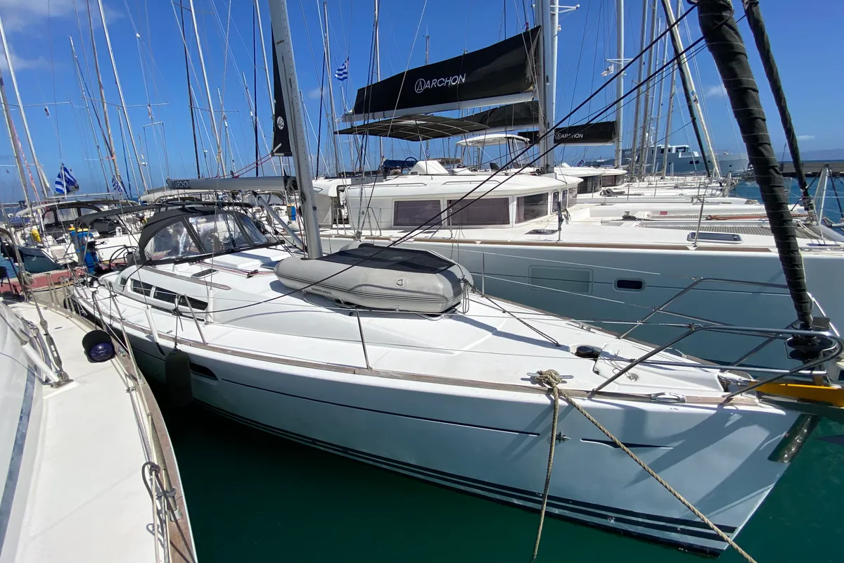 Exterior view of Imagine, a Jeanneau Sun Odyssey 42 i sailboat at Kos, Greece