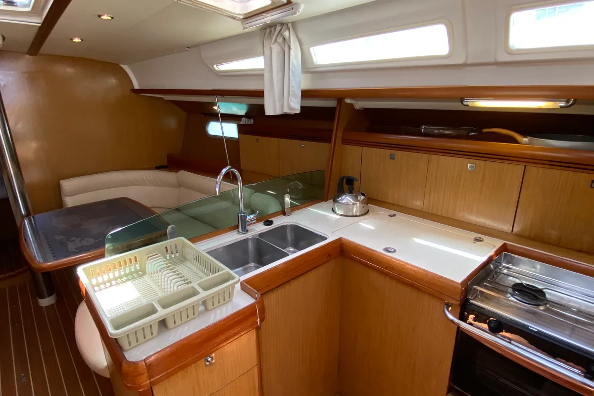 Galley of Imagine, a Jeanneau Sun Odyssey 42 i sailboat at Kos, Greece