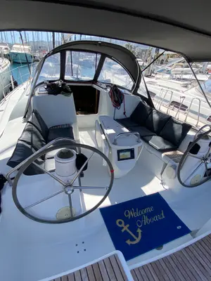 Cockpit of Imagine, a Jeanneau Sun Odyssey 42 i sailboat at Kos, Greece