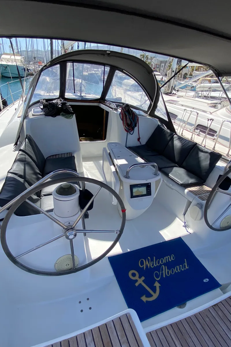 Cockpit of Imagine, a Jeanneau Sun Odyssey 42 i sailboat at Kos, Greece