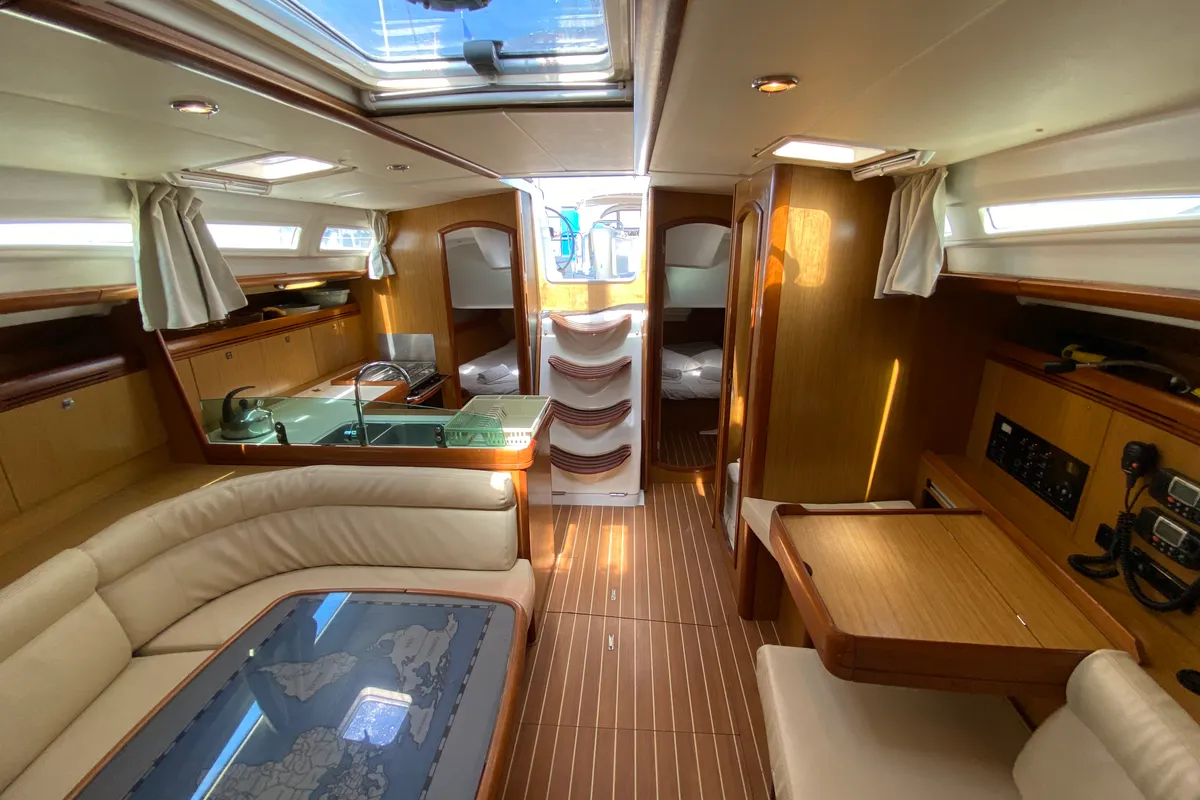 Salon of Imagine, a Jeanneau Sun Odyssey 42 i sailboat at Kos, Greece
