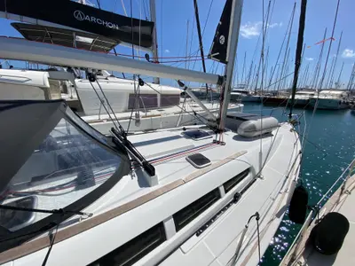 Deck of Imagine, a Jeanneau Sun Odyssey 42 i sailboat at Kos, Greece
