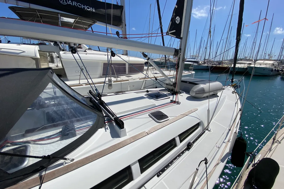 Deck of Imagine, a Jeanneau Sun Odyssey 42 i sailboat at Kos, Greece