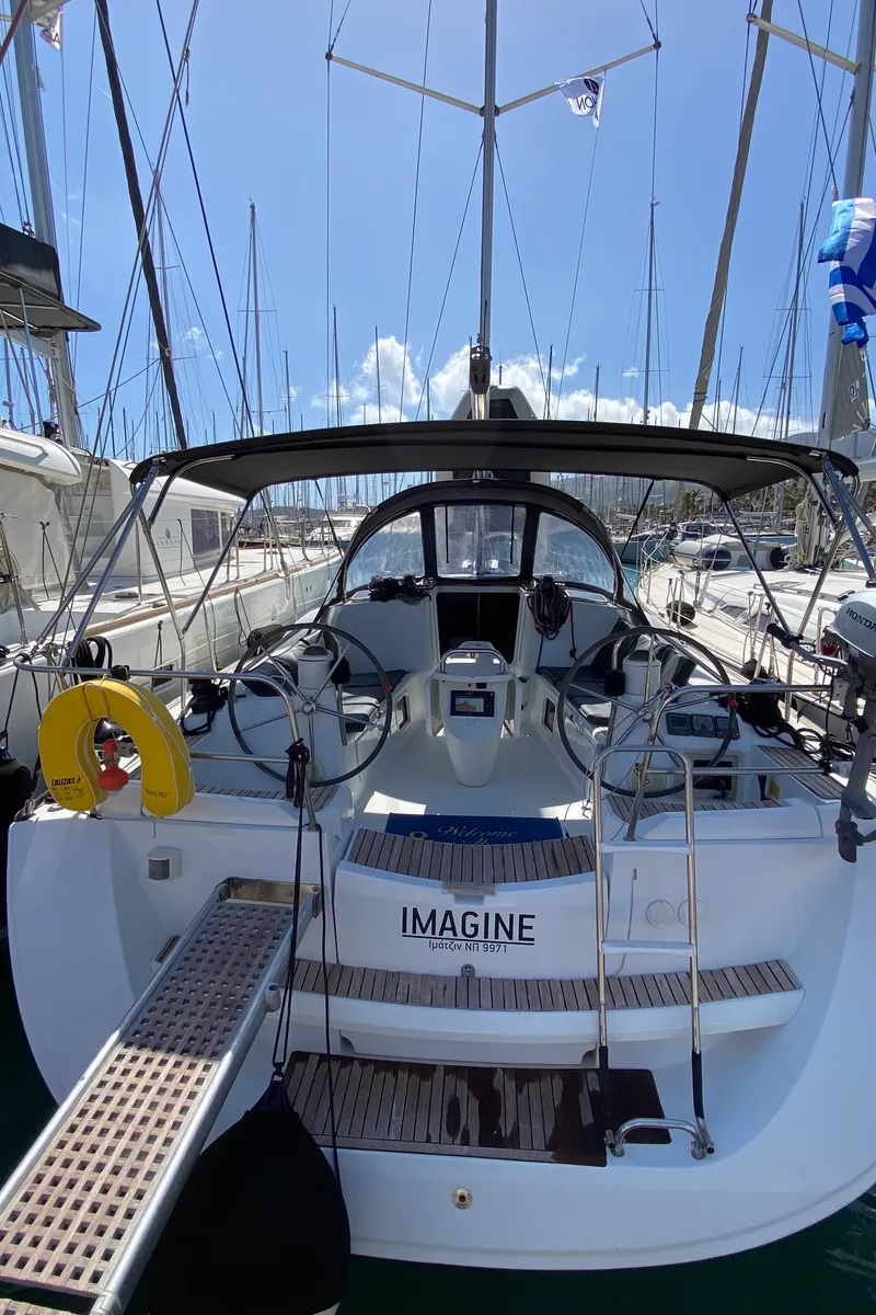 Cockpit of Imagine, a Jeanneau Sun Odyssey 42 i sailboat at Kos, Greece