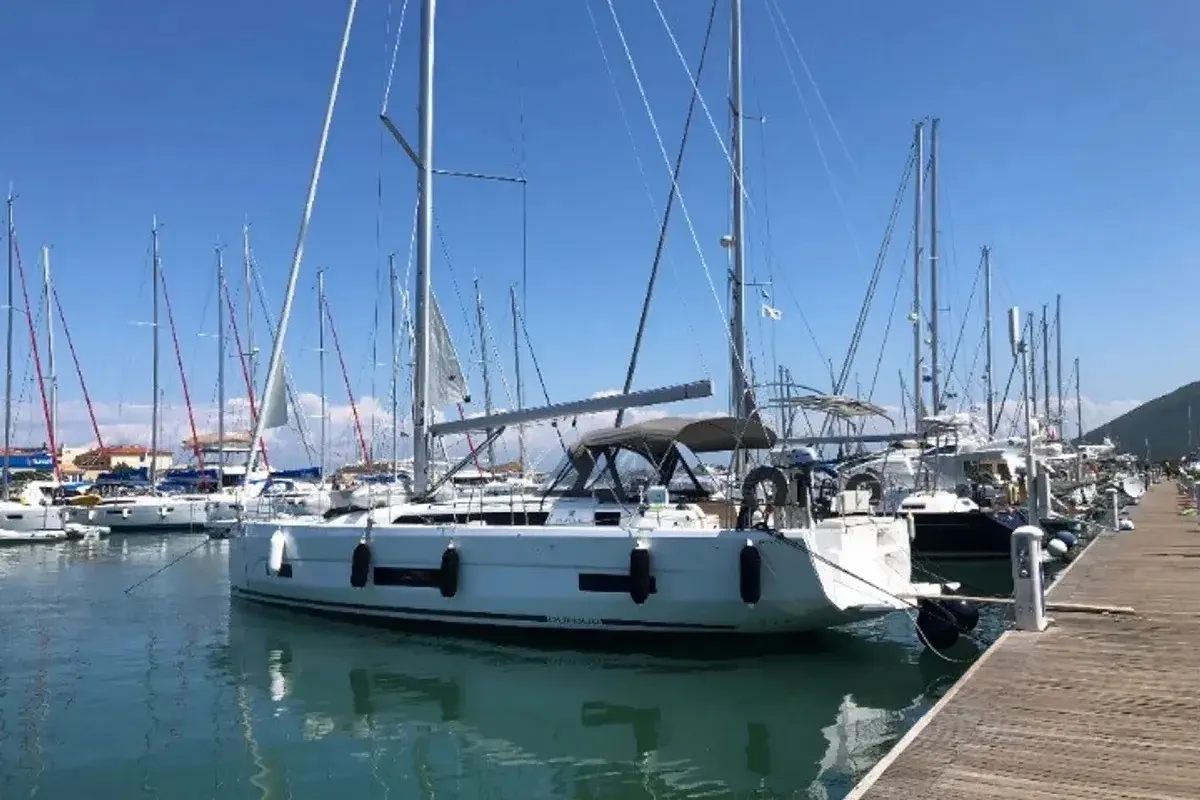 Exterior view of Emphasis, a Dufour 470 sailboat at Lefkada, Greece