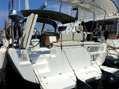 Exterior view of Emphasis, a Dufour 470 sailboat at Lefkada, Greece