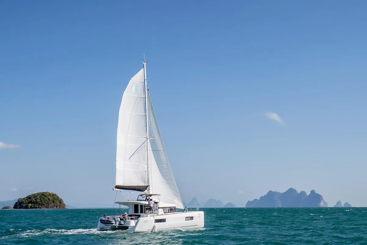 Exterior view of K-35, a Lagoon 40 catamaran at Pa Khlok, Thailand