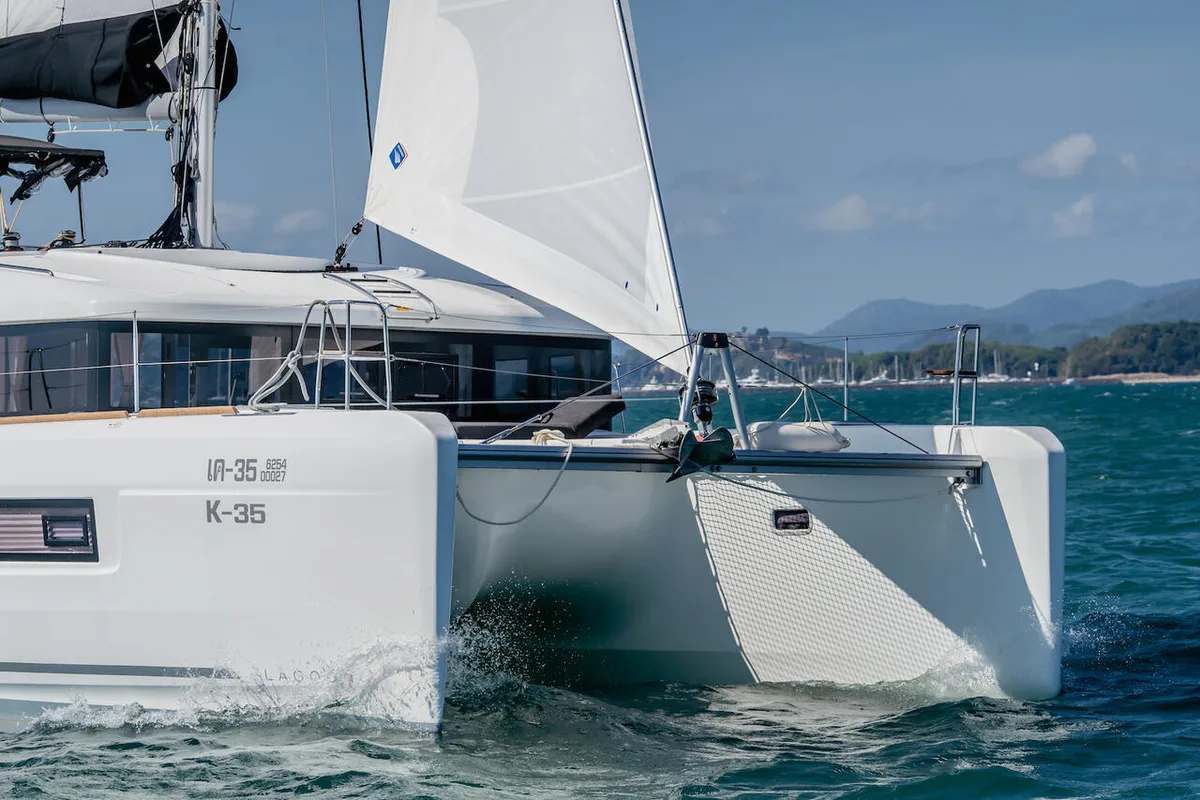 Exterior view of K-35, a Lagoon 40 catamaran at Pa Khlok, Thailand