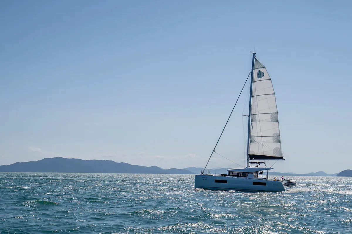 Exterior view of K-35, a Lagoon 40 catamaran at Pa Khlok, Thailand