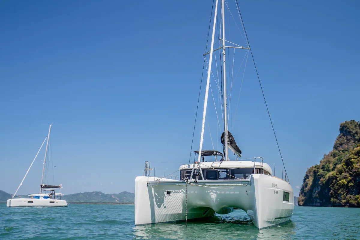 Exterior view of K-35, a Lagoon 40 catamaran at Pa Khlok, Thailand