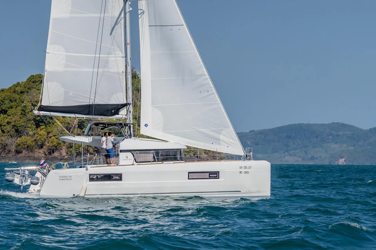 Exterior view of K-35, a Lagoon 40 catamaran at Pa Khlok, Thailand