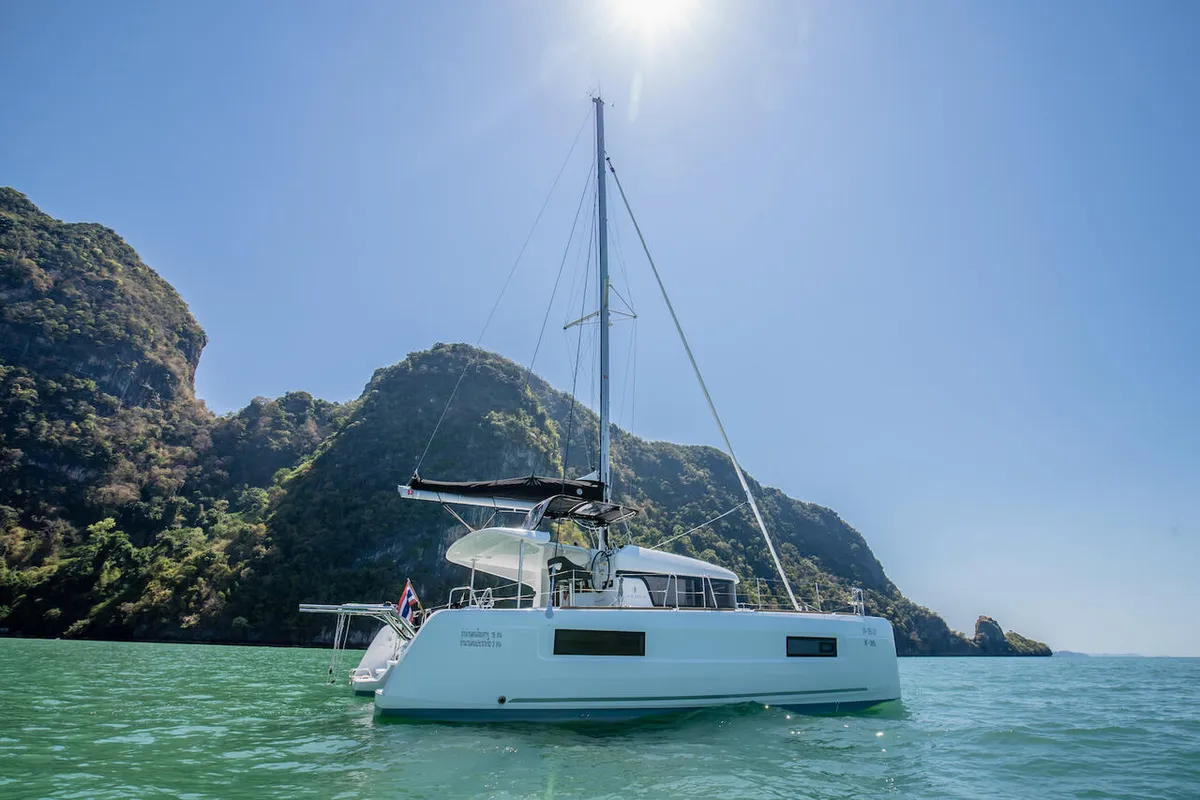 Exterior view of K-35, a Lagoon 40 catamaran at Pa Khlok, Thailand