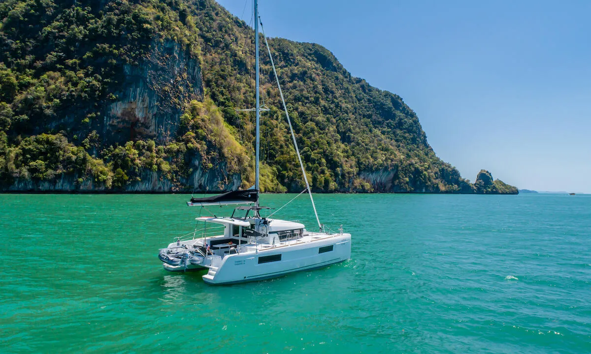 Exterior view of K-35, a Lagoon 40 catamaran at Pa Khlok, Thailand