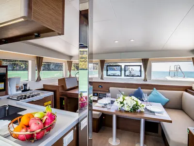 Salon of K-35, a Lagoon 40 catamaran at Pa Khlok, Thailand