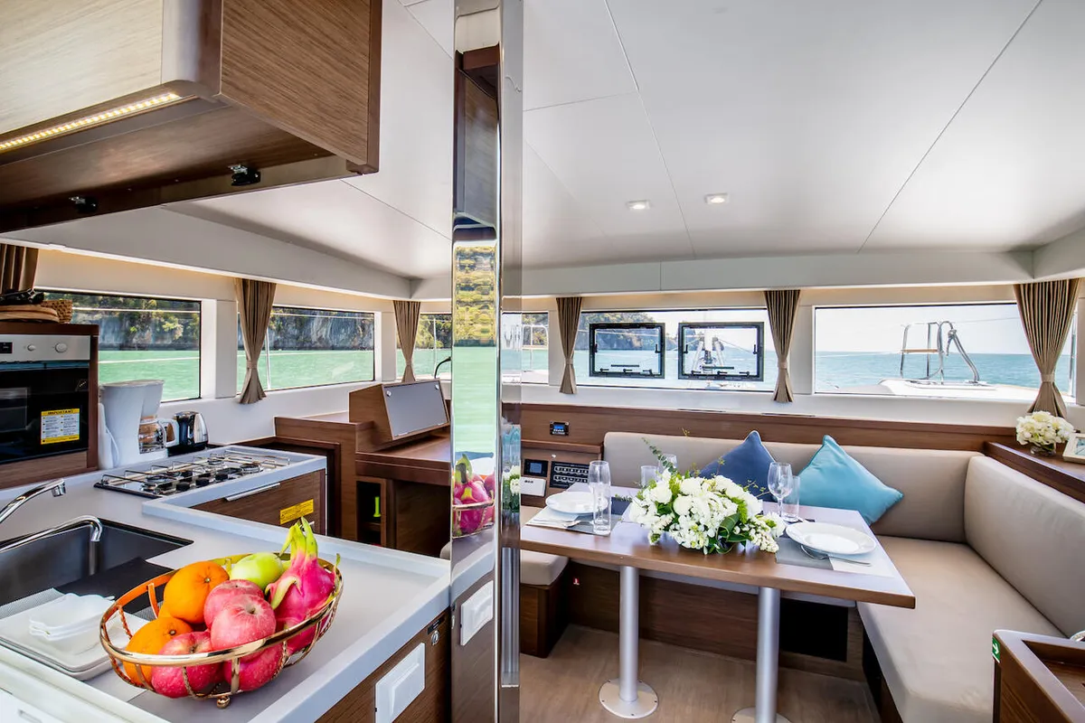 Salon of K-35, a Lagoon 40 catamaran at Pa Khlok, Thailand