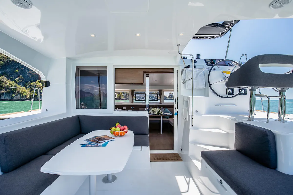 Deck of K-35, a Lagoon 40 catamaran at Pa Khlok, Thailand