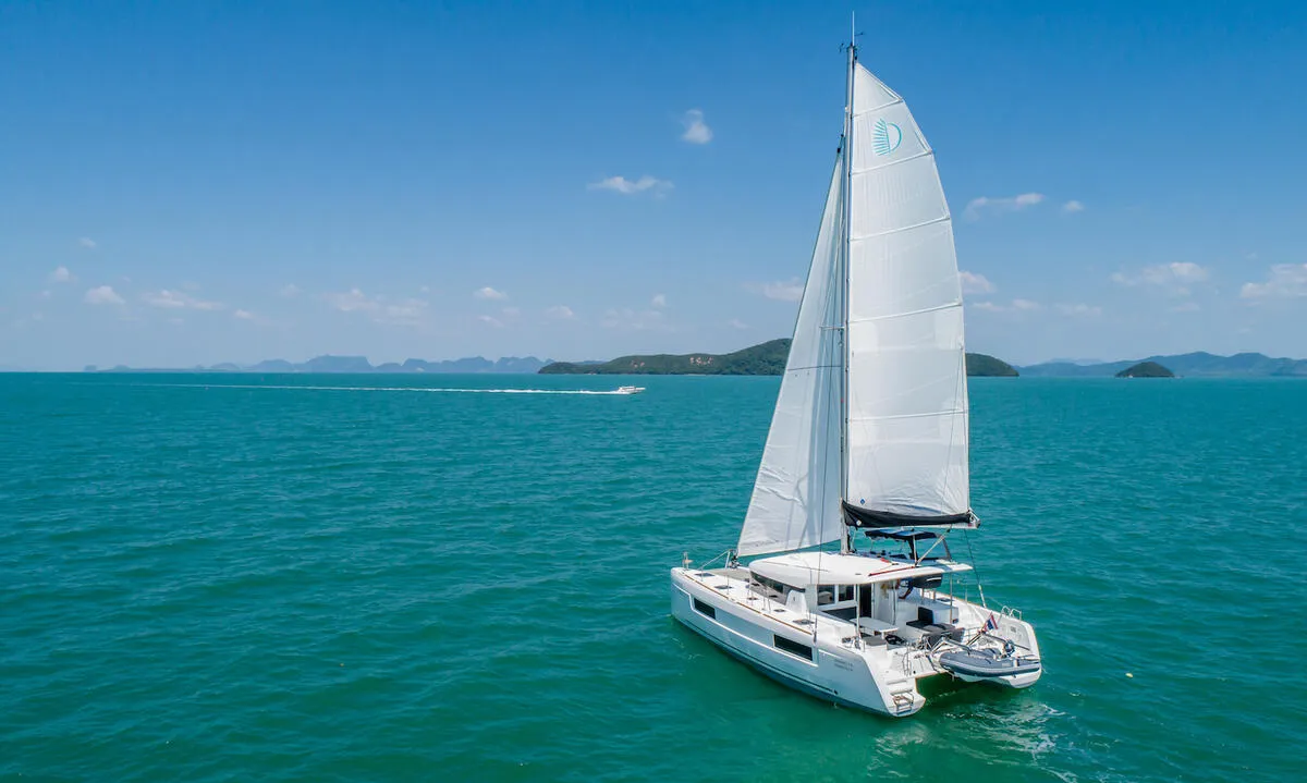 Exterior view of K-35, a Lagoon 40 catamaran at Pa Khlok, Thailand