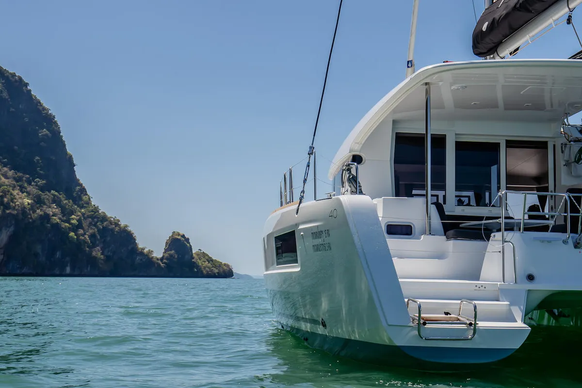 Exterior view of K-35, a Lagoon 40 catamaran at Pa Khlok, Thailand
