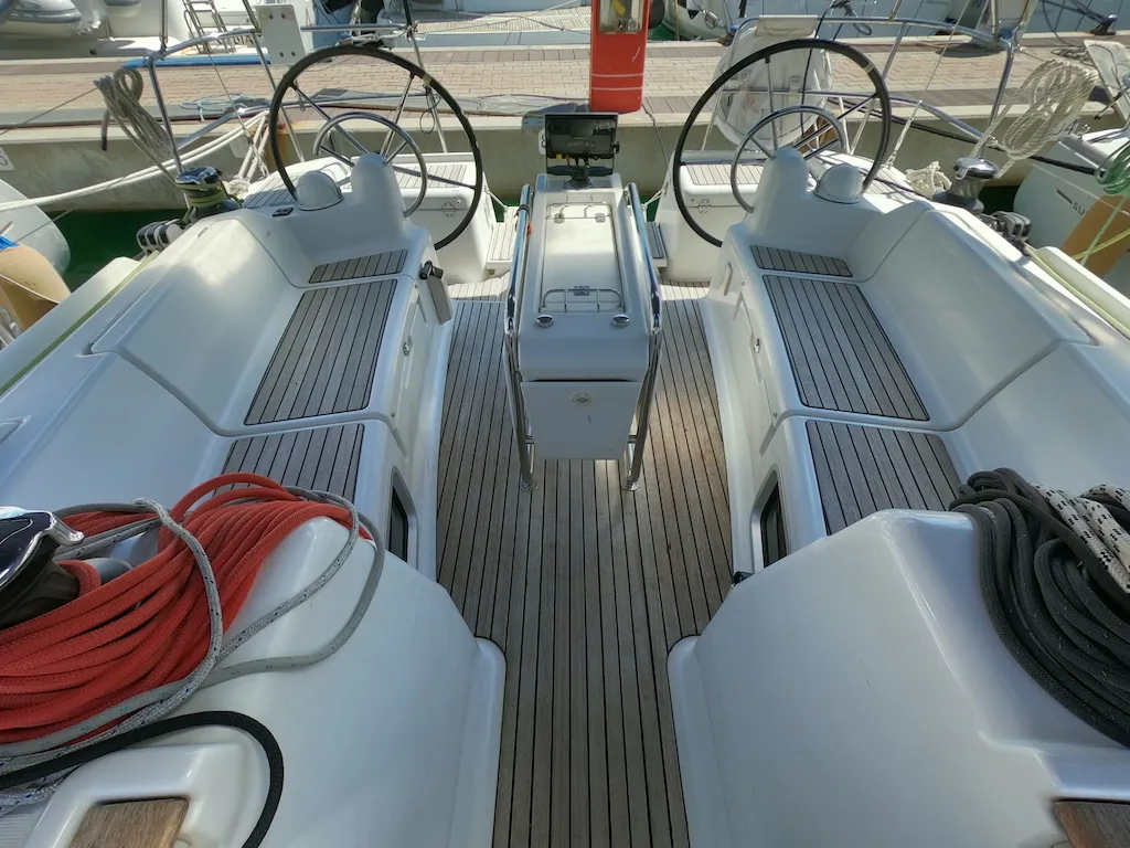 Cockpit of Piedanlo, a Jeanneau Sun Odyssey 409 sailboat at Olbia, Italy