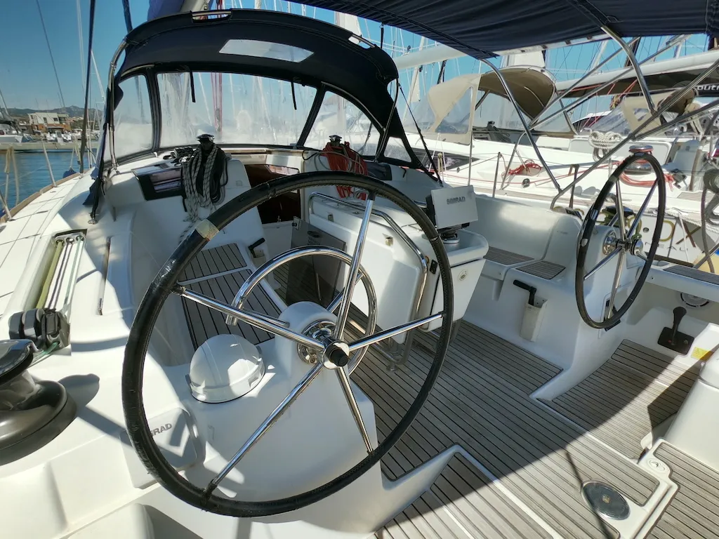 Cockpit of Piedanlo, a Jeanneau Sun Odyssey 409 sailboat at Olbia, Italy