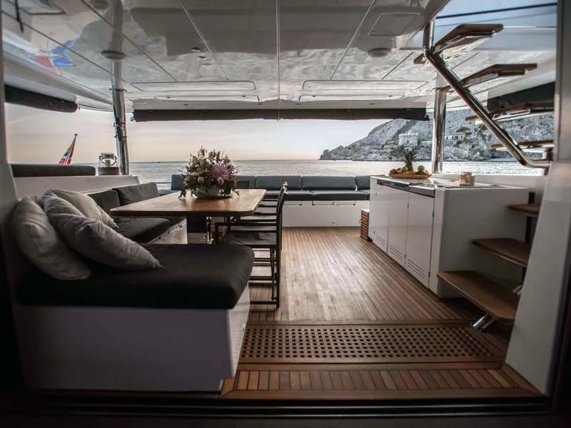 Deck of Soleanis II, a Lagoon 620 catamaran at Salerno, Italy