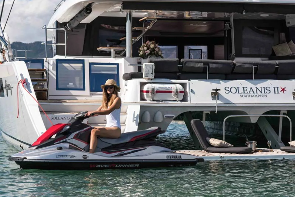 Exterior view of Soleanis II, a Lagoon 620 catamaran at Salerno, Italy