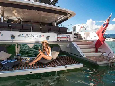 Deck of Soleanis II, a Lagoon 620 catamaran at Salerno, Italy