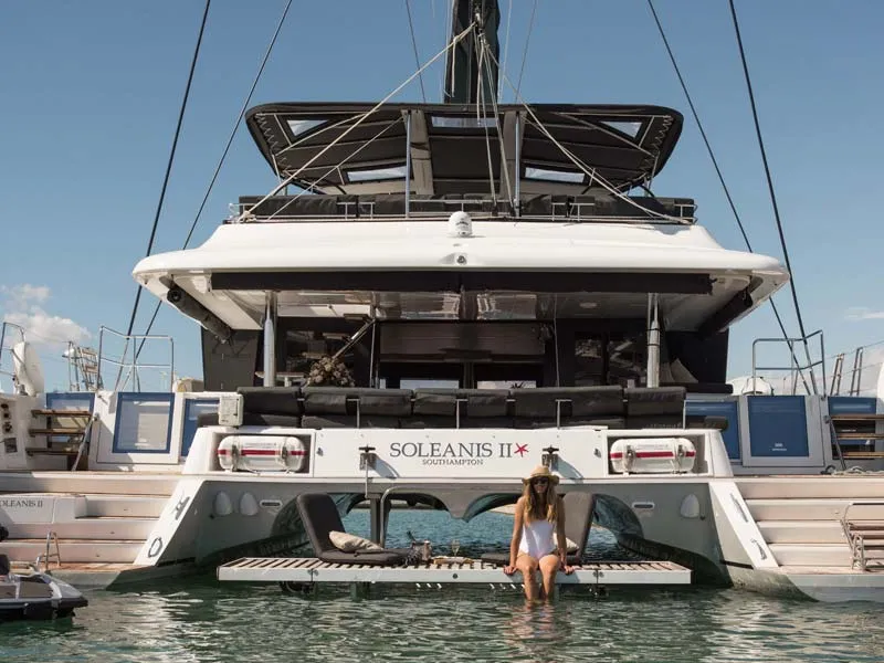 Exterior view of Soleanis II, a Lagoon 620 catamaran at Salerno, Italy