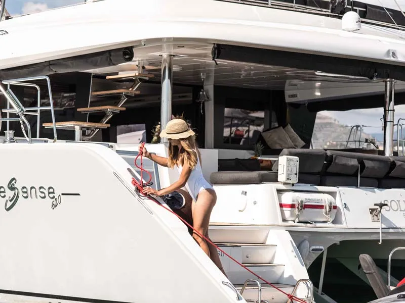 Exterior view of Soleanis II, a Lagoon 620 catamaran at Salerno, Italy