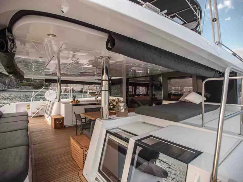 Deck of Soleanis II, a Lagoon 620 catamaran at Salerno, Italy