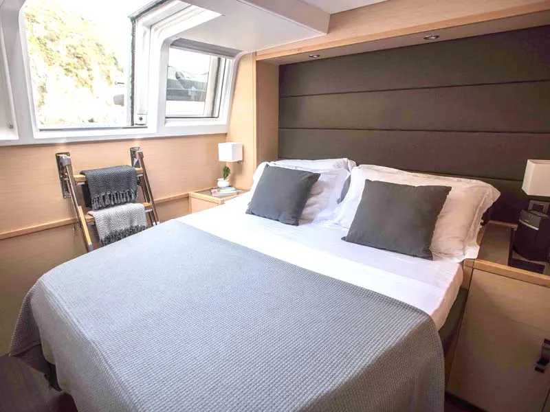 Cabin on Soleanis II, a Lagoon 620 catamaran at Salerno, Italy