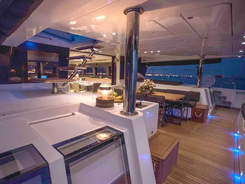 Deck of Soleanis II, a Lagoon 620 catamaran at Salerno, Italy