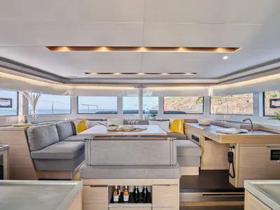 Salon of Alpha - Skippered, a Lagoon 51 catamaran at Mykonos, Greece