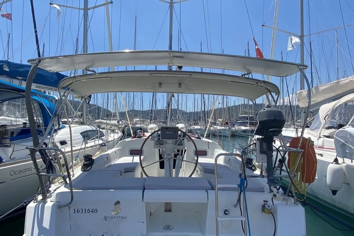 Exterior view of Aquamarine, a Beneteau Oceanis 34 sailboat at Fethiye, Turkey