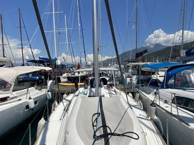 Salon of Aquamarine, a Beneteau Oceanis 34 sailboat at Fethiye, Turkey