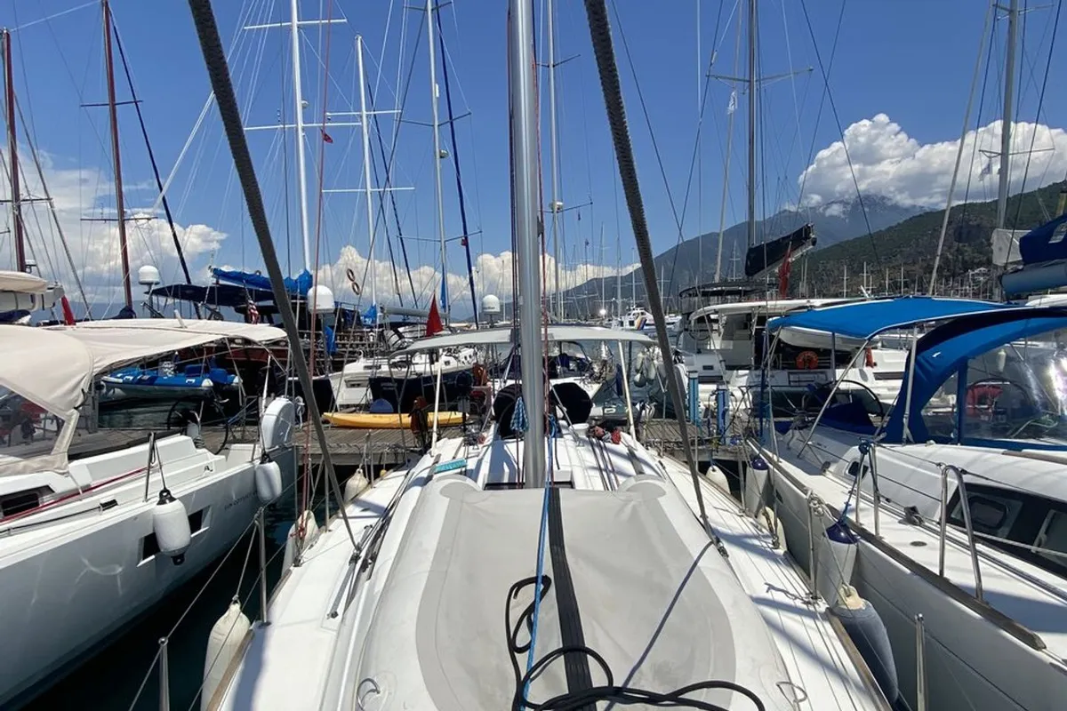 Salon of Aquamarine, a Beneteau Oceanis 34 sailboat at Fethiye, Turkey