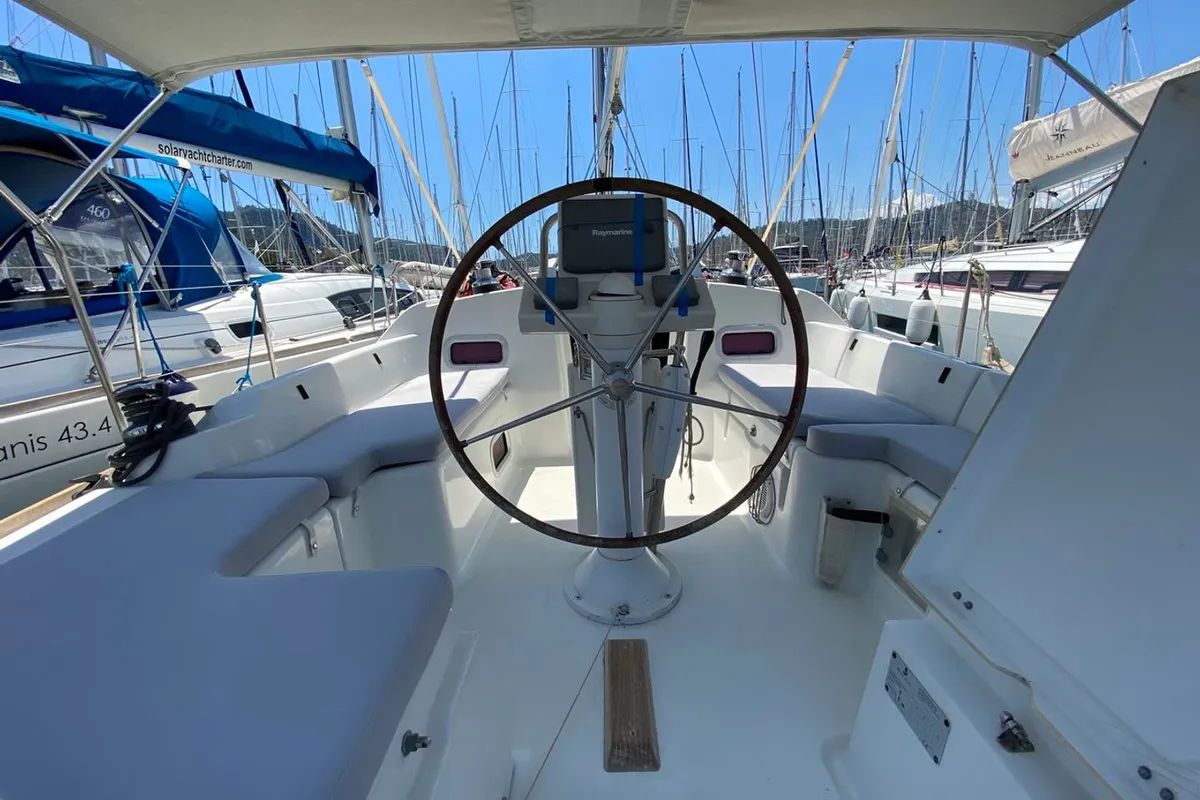 Salon of Aquamarine, a Beneteau Oceanis 34 sailboat at Fethiye, Turkey