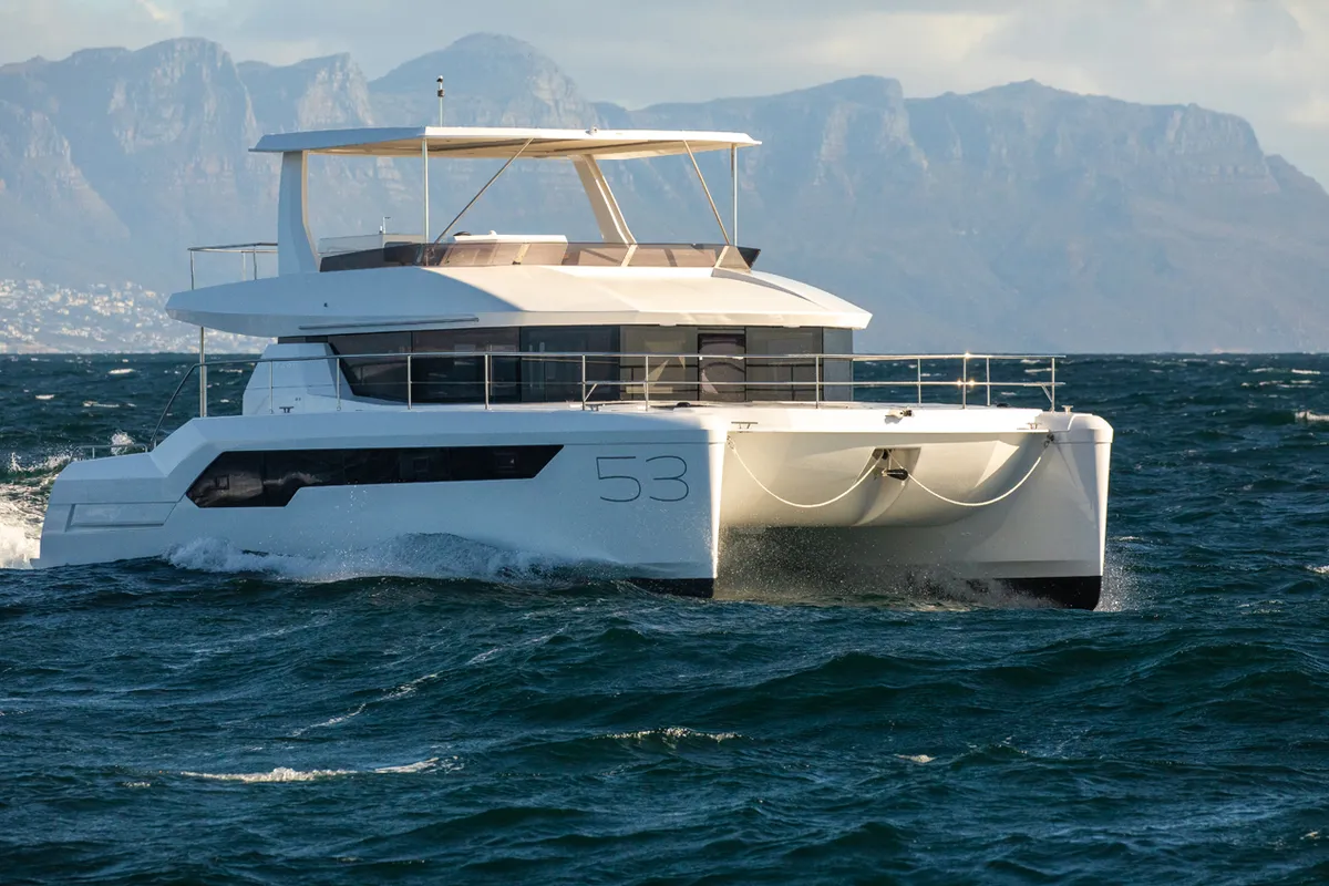 Exterior view of Akula, a Leopard 53 - OW catamaran at Roche Caiman, Seychelles