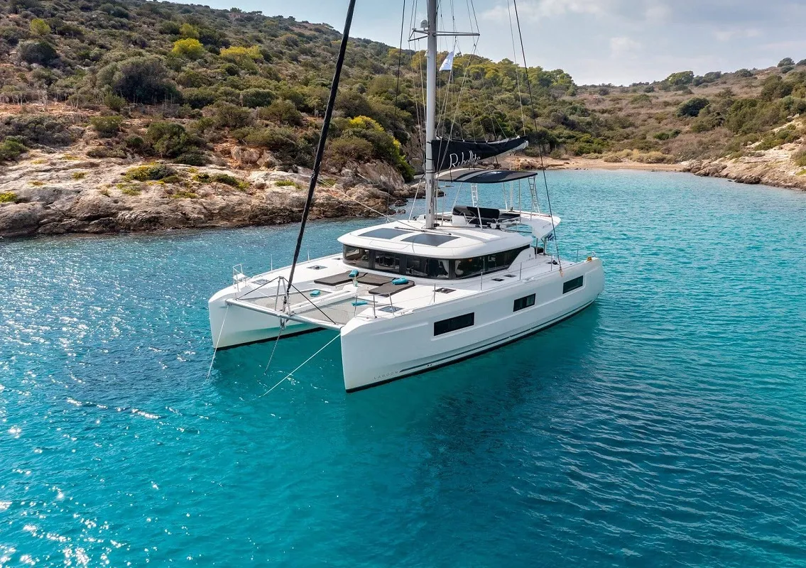 Exterior view of Pepe, a Lagoon 46 catamaran at Trogir, Croatia