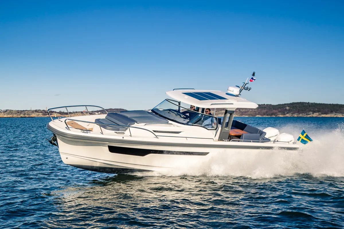 Exterior view of Ruddy, a Nimbus Tender T11 motorboat at Pirovac, Croatia