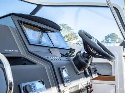 Cockpit of Ruddy, a Nimbus Tender T11 motorboat at Pirovac, Croatia