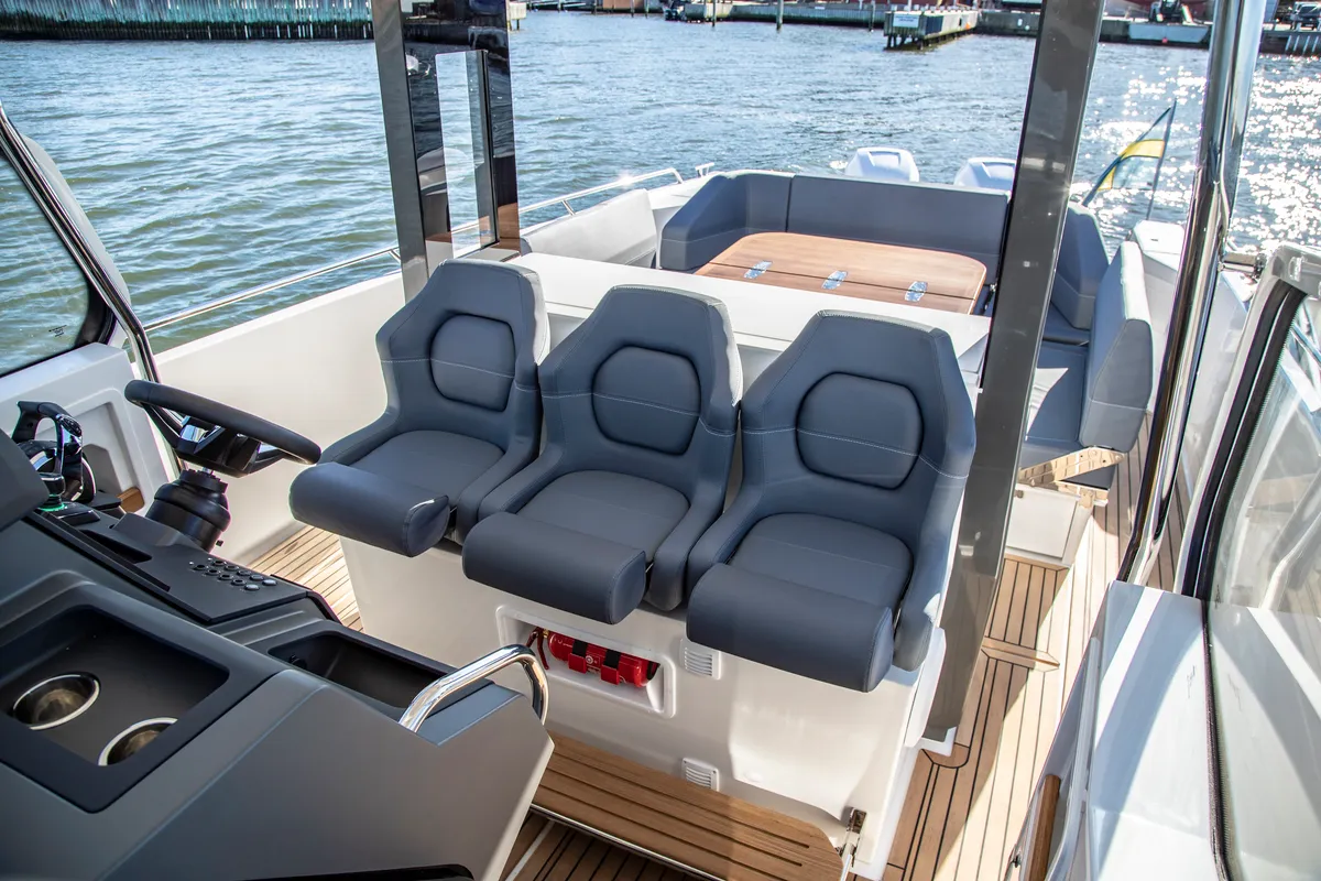 Cockpit of Ruddy, a Nimbus Tender T11 motorboat at Pirovac, Croatia