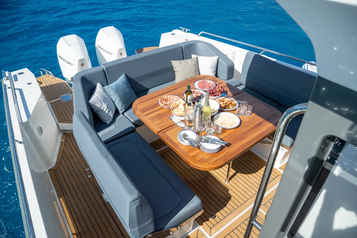 Deck of Ruddy, a Nimbus Tender T11 motorboat at Pirovac, Croatia