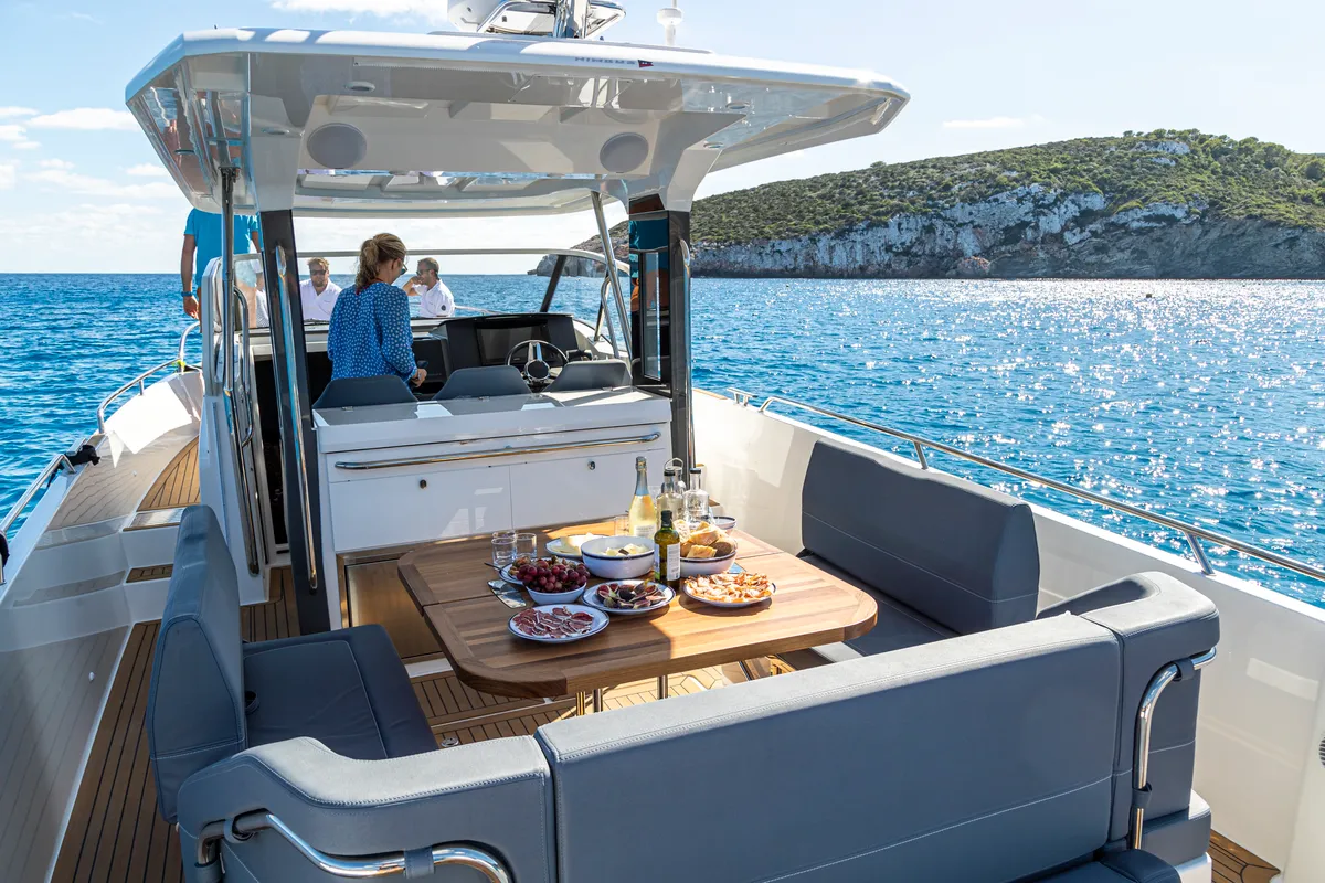 Deck of Ruddy, a Nimbus Tender T11 motorboat at Pirovac, Croatia