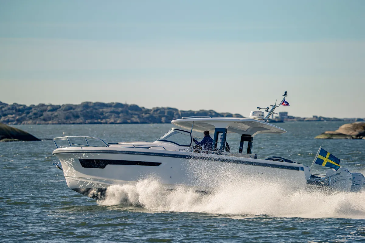 Exterior view of Ruddy, a Nimbus Tender T11 motorboat at Pirovac, Croatia
