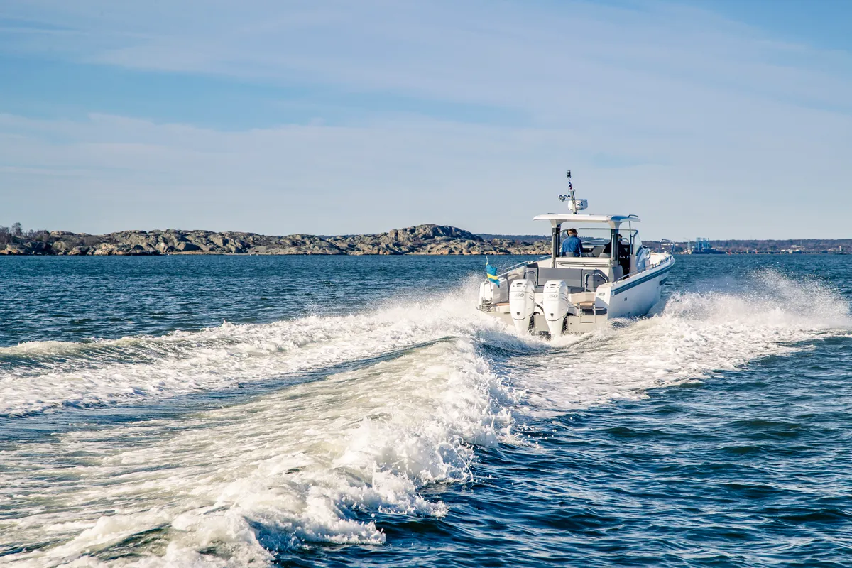 Exterior view of Ruddy, a Nimbus Tender T11 motorboat at Pirovac, Croatia